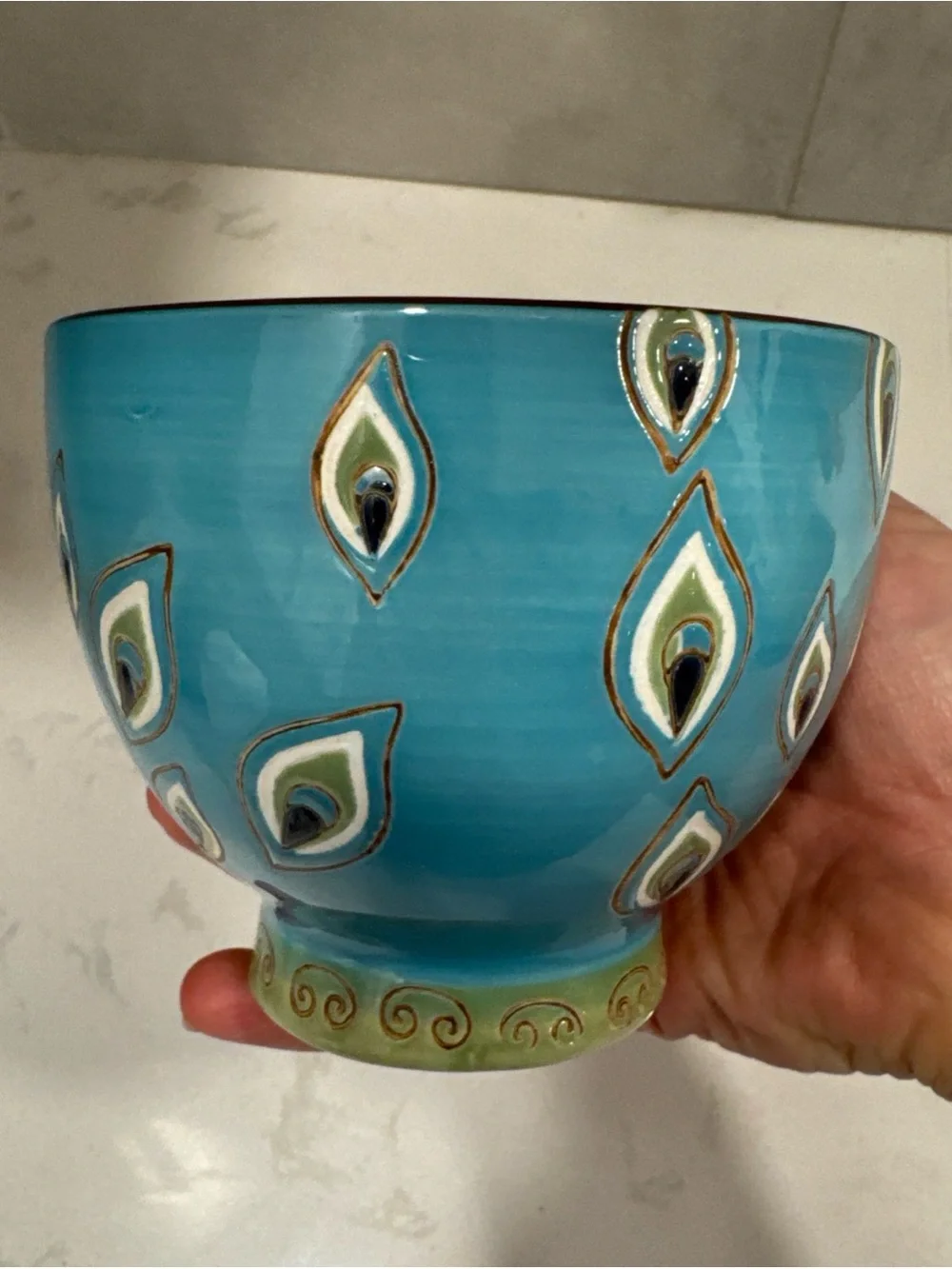 Pier 1 Turquoise Peacock Feather Ceramic Tea Cup with Brown Handle hand painted